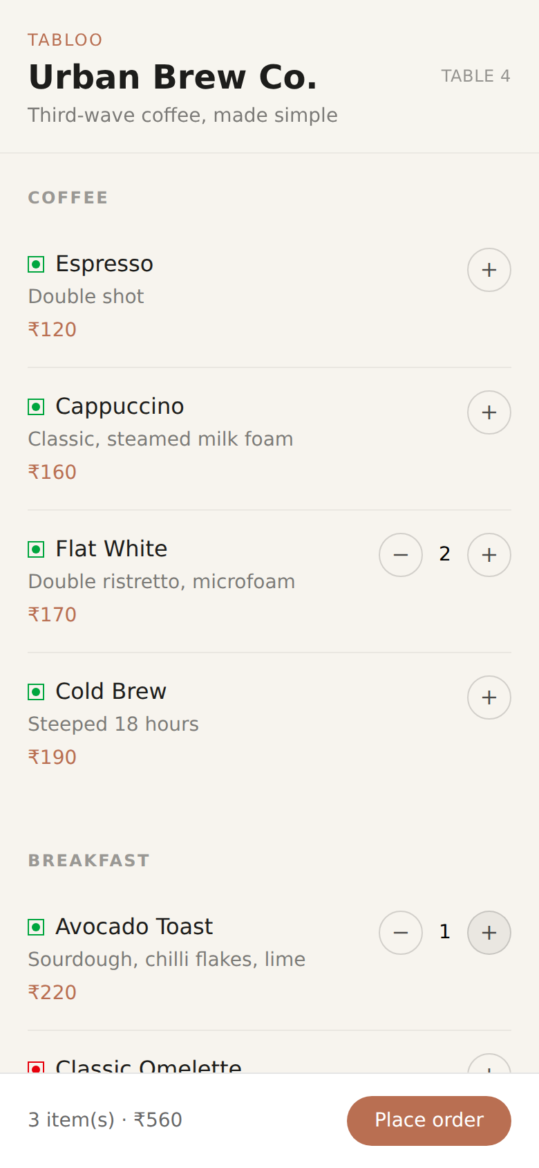 Tabloo: guest menu on a phone, Table 4, items added to the order