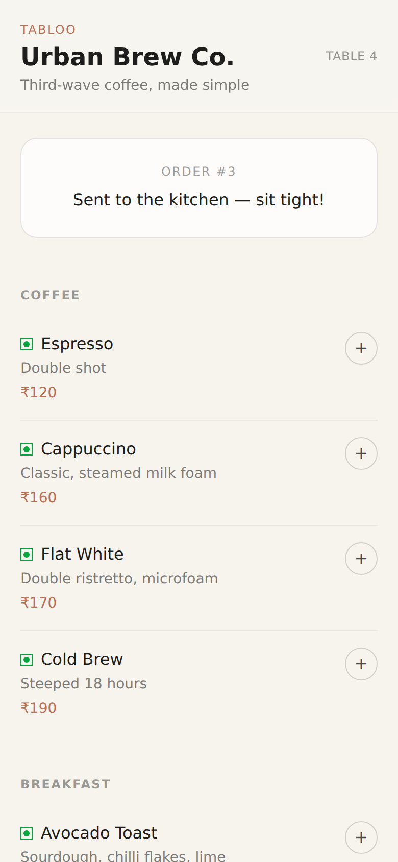 Tabloo Order sent screen